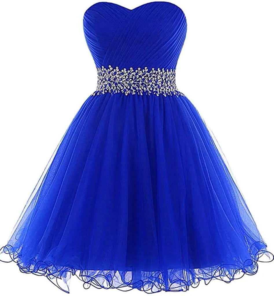 A Line Homecoming Dresses,Sweetheart Short Tulle Beaded Waist Royal Blue Cocktail Dress