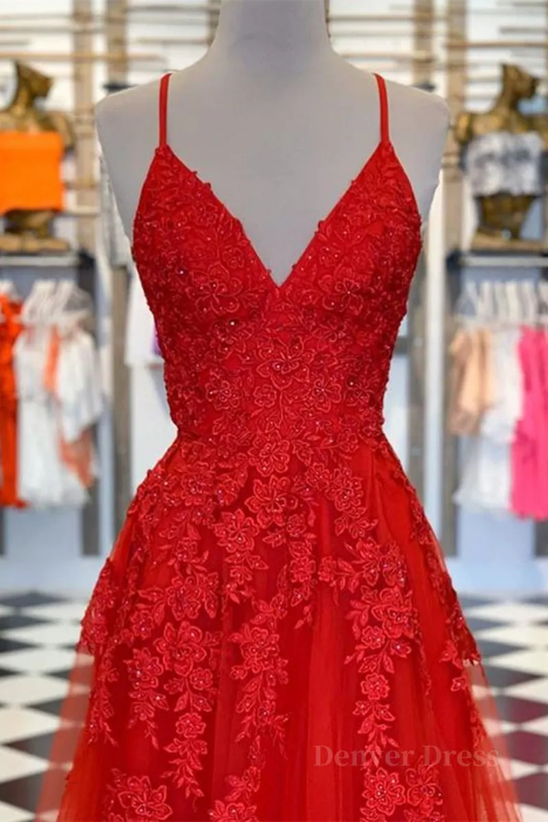 A Line Spaghetti Straps V Neck Red Lace Long Prom Dress Red Lace Formal Dress Red Evening Dress