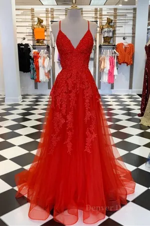 A Line Spaghetti Straps V Neck Red Lace Long Prom Dress Red Lace Formal Dress Red Evening Dress