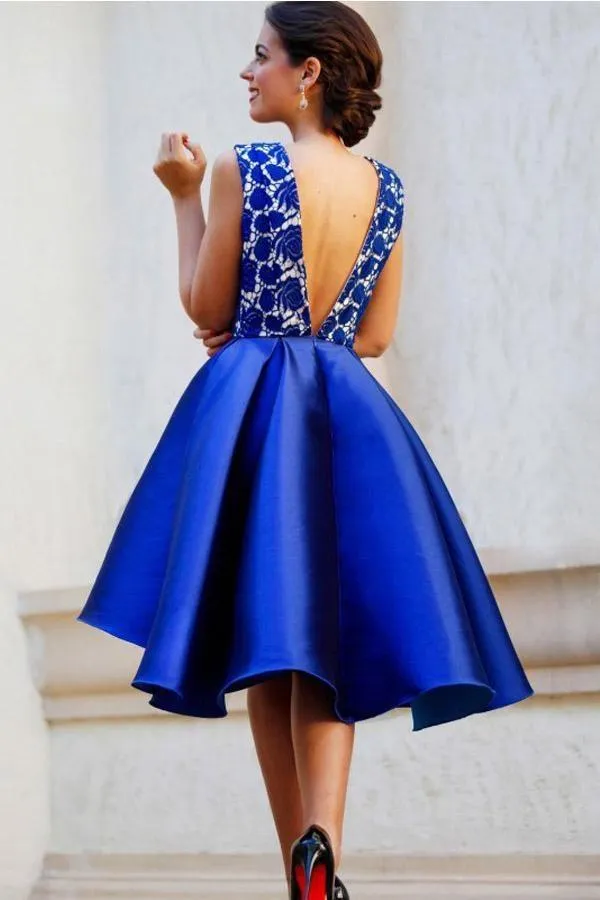 A-Line V-Neck Backless Short Royal Blue Satin Homecoming Dress with Lace PG158