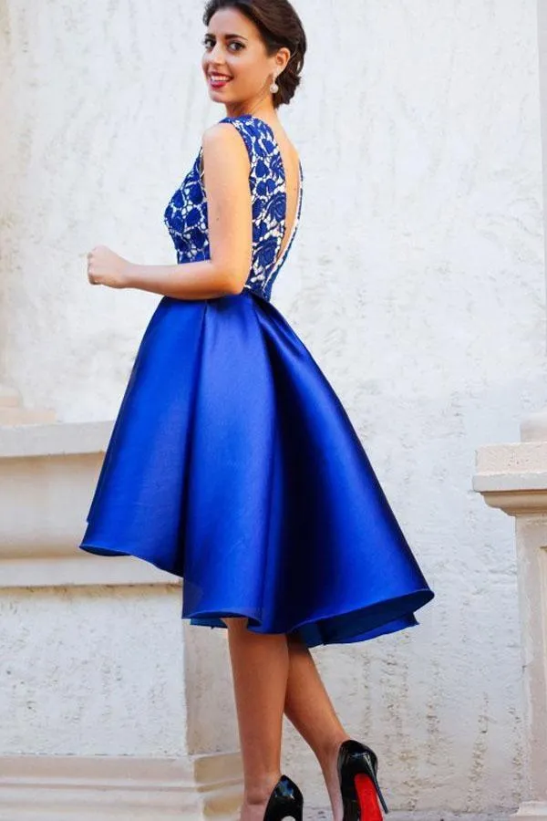 A-Line V-Neck Backless Short Royal Blue Satin Homecoming Dress with Lace PG158