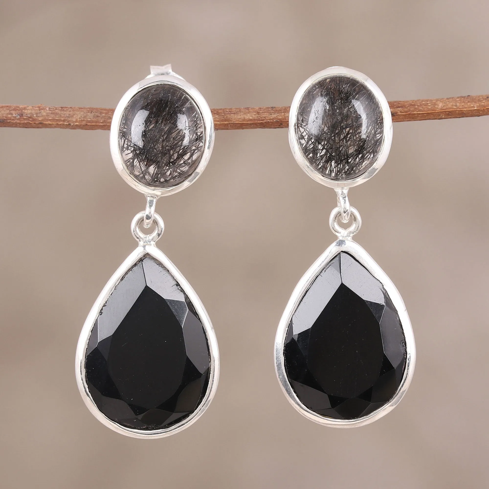 Alluring Onyx Black Onyx and Tourmalinated Quartz Dangle Earrings