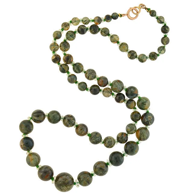 Art Deco Moss Agate & Rock Crystal Beaded Necklace