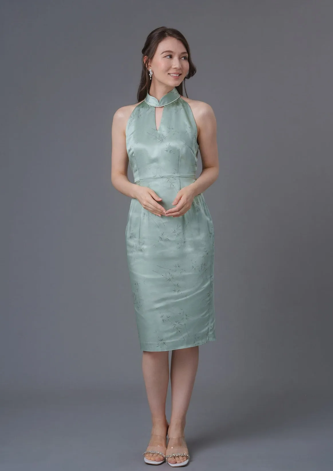 Bamboo Print Halter Qipao (Sage Green)