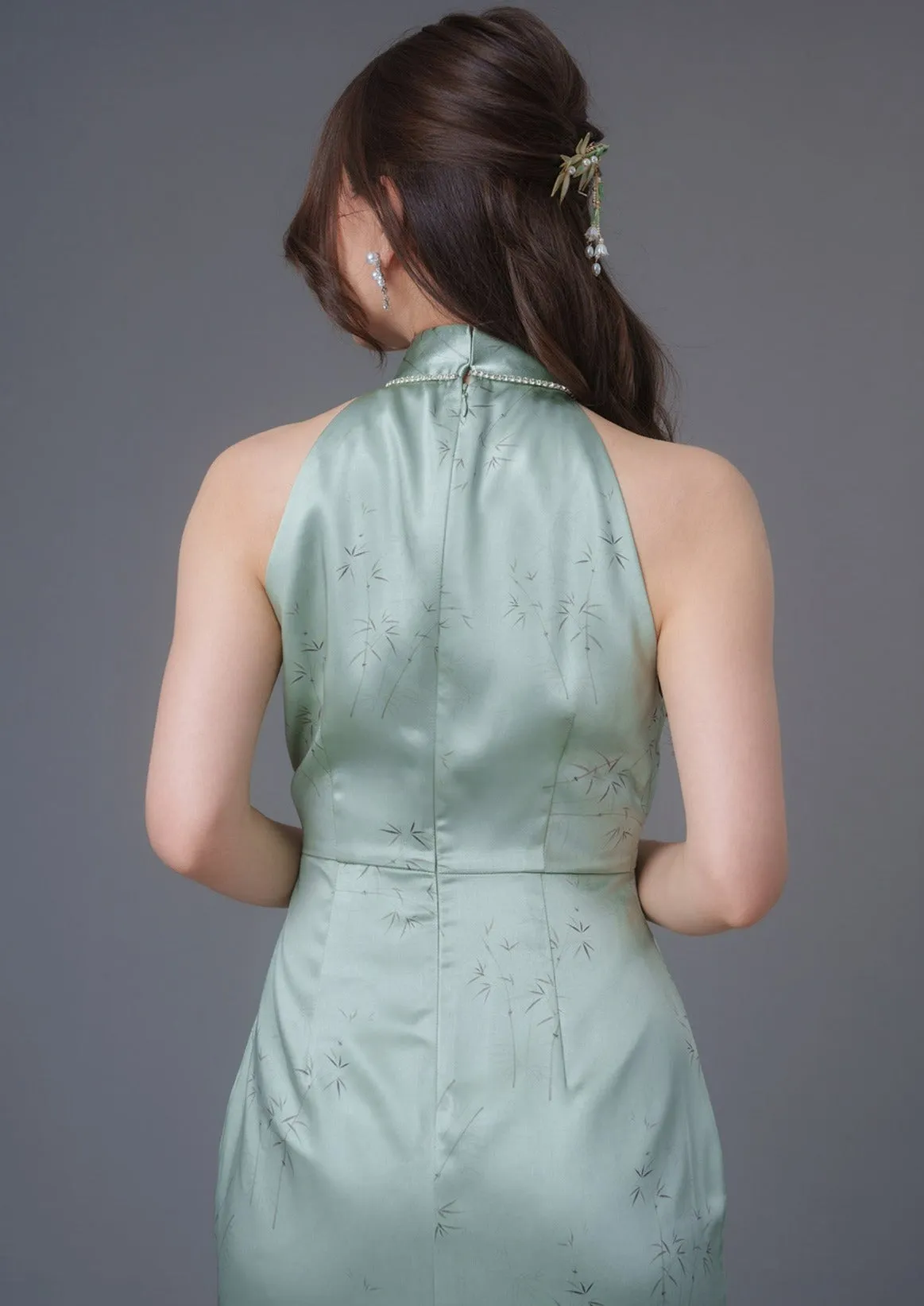 Bamboo Print Halter Qipao (Sage Green)