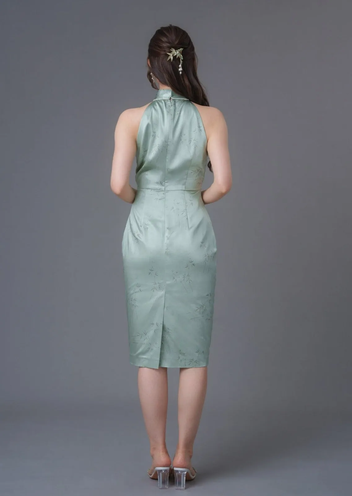 Bamboo Print Halter Qipao (Sage Green)