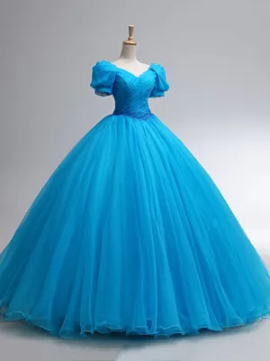 Beautiful Blue Rhinestone Floor Length Prom Dress A-Line Short Sleeve Evening Dress