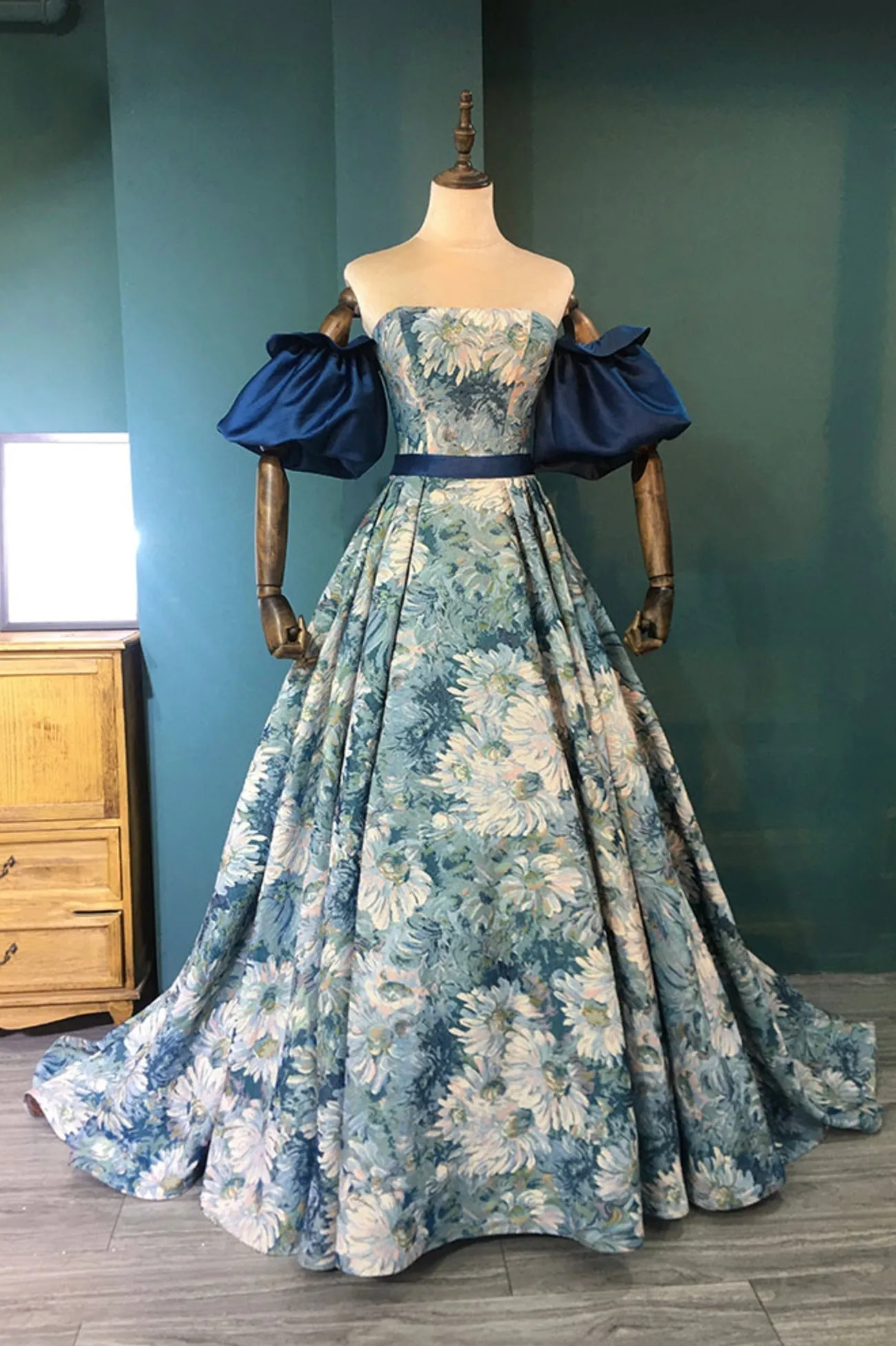 Blue Floral Long Senior Prom Dress Blue A-Line Evening Dress