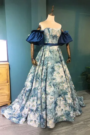 Blue Floral Long Senior Prom Dress Blue A-Line Evening Dress