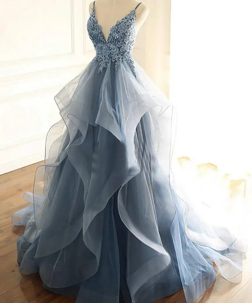 Blue Lace Top with Layers Tulle Prom Dress, New Straps Evening Gown