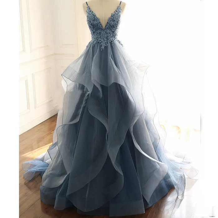 Blue Lace Top with Layers Tulle Prom Dress, New Straps Evening Gown