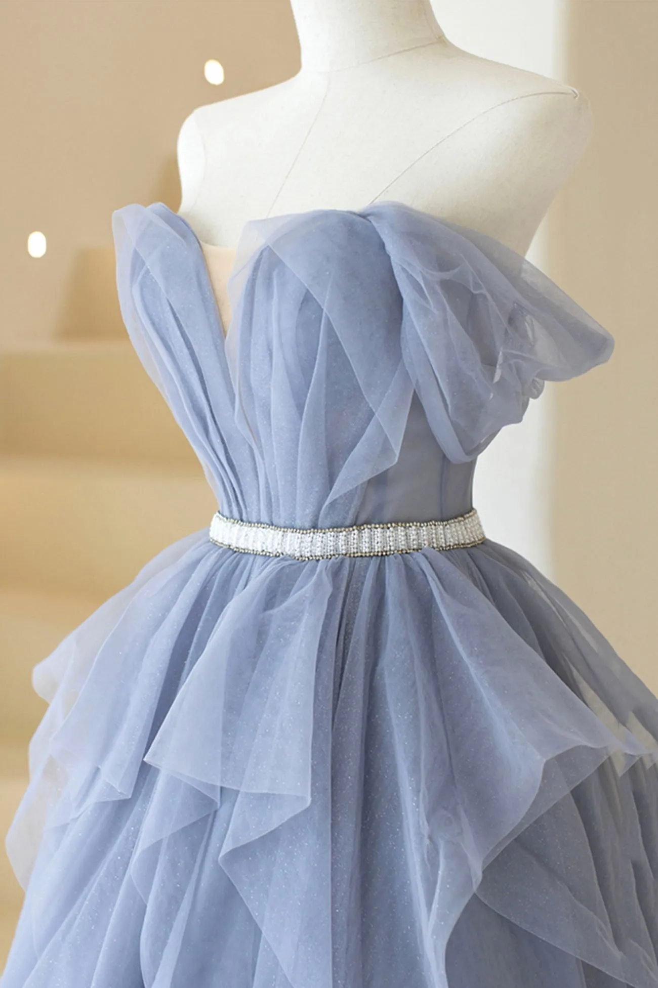 Blue Off Shoulder Tulle Long Formal Dress A-Line Blue Evening Dress