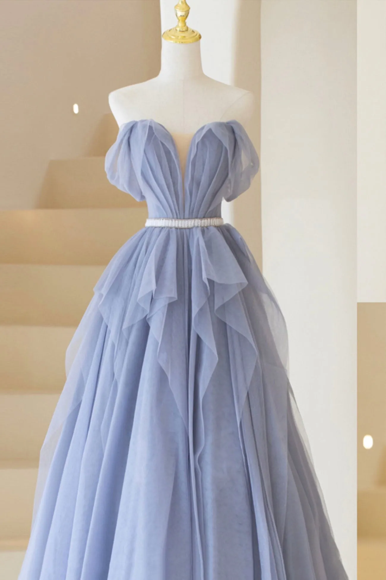 Blue Off Shoulder Tulle Long Formal Dress A-Line Blue Evening Dress