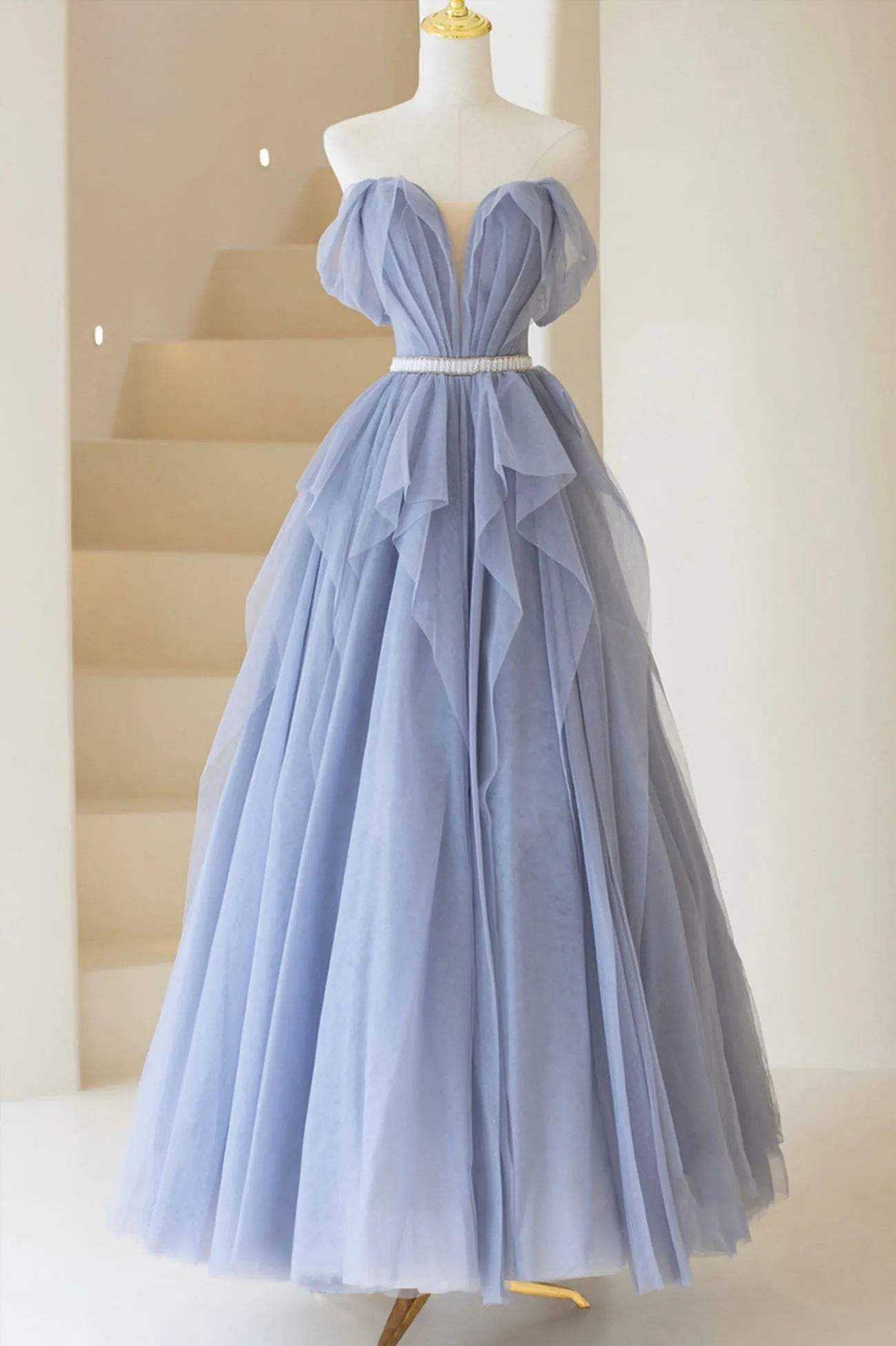 Blue Off Shoulder Tulle Long Formal Dress A-Line Blue Evening Dress