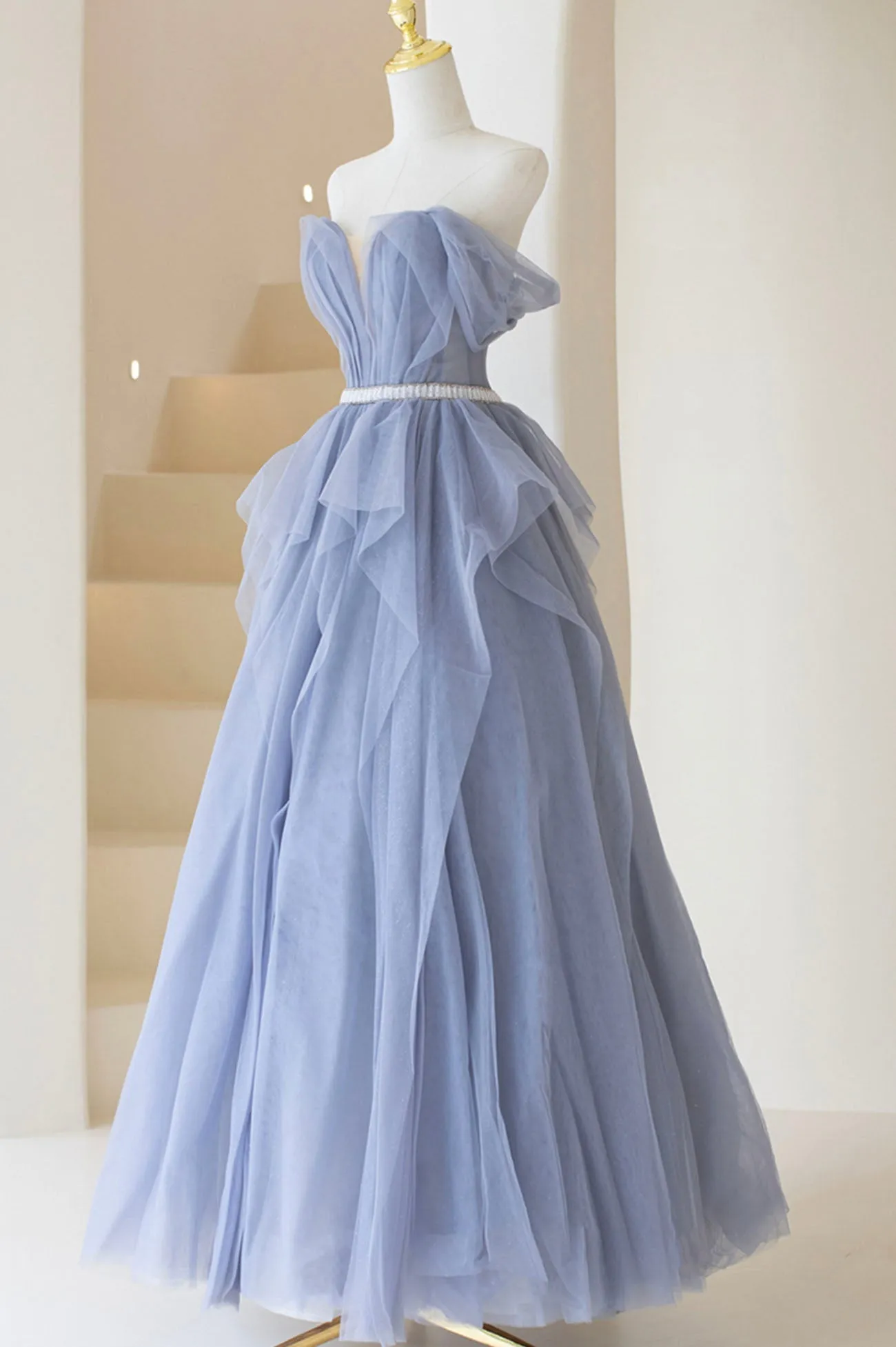 Blue Off Shoulder Tulle Long Formal Dress A-Line Blue Evening Dress