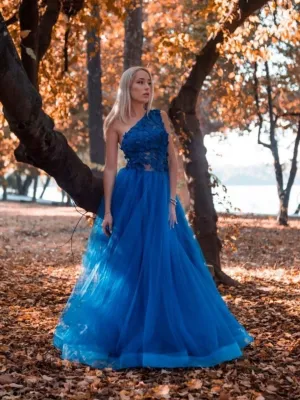 Blue one shoulder tulle lace long prom dress, blue tulle formal dress