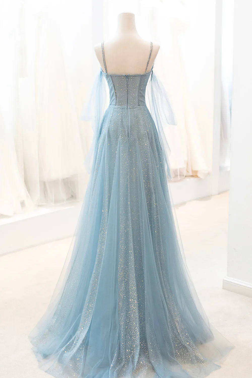 Blue Spaghetti Strap Tulle Long Prom Dress V-Neck Evening Party Dress