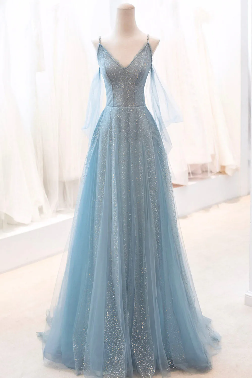 Blue Spaghetti Strap Tulle Long Prom Dress V-Neck Evening Party Dress