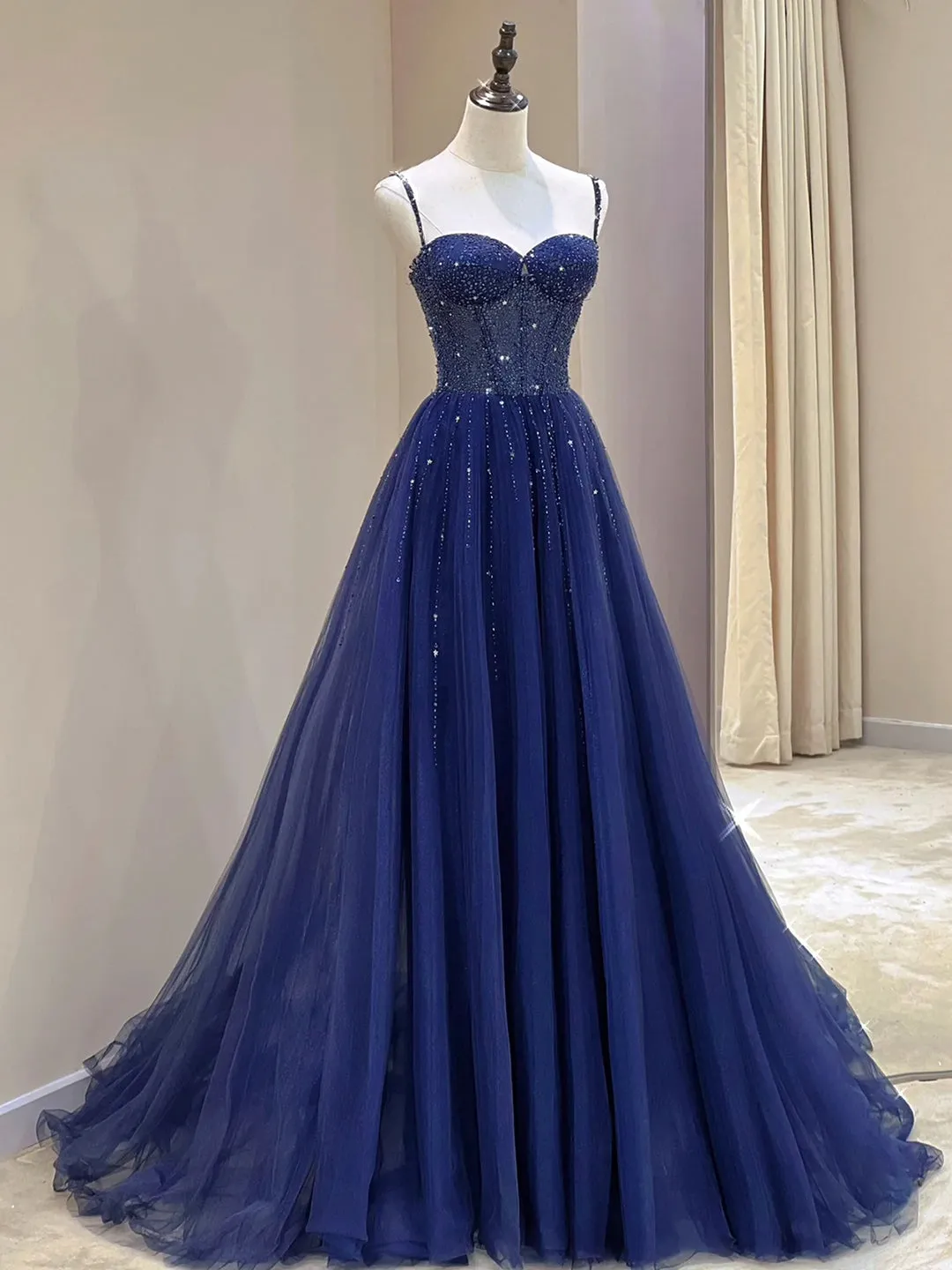 Blue Spaghetti Straps Tulle Beaded Long Formal Dress Blue A-Line Evening Dress with Corset