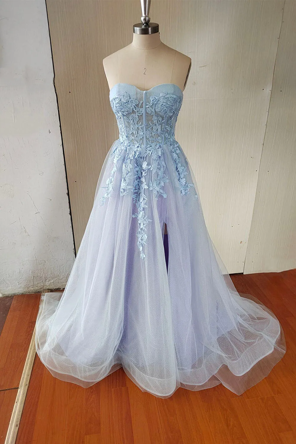 Blue Strapless Lace Long A-Line Prom Dress Blue Evening Party Dress