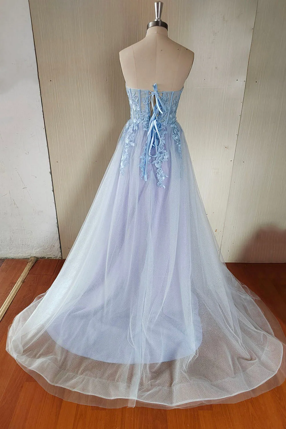 Blue Strapless Lace Long A-Line Prom Dress Blue Evening Party Dress