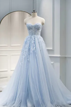 Blue Sweetheart Neck Lace Floor Length Prom Dress Lovely Blue Evening Dress