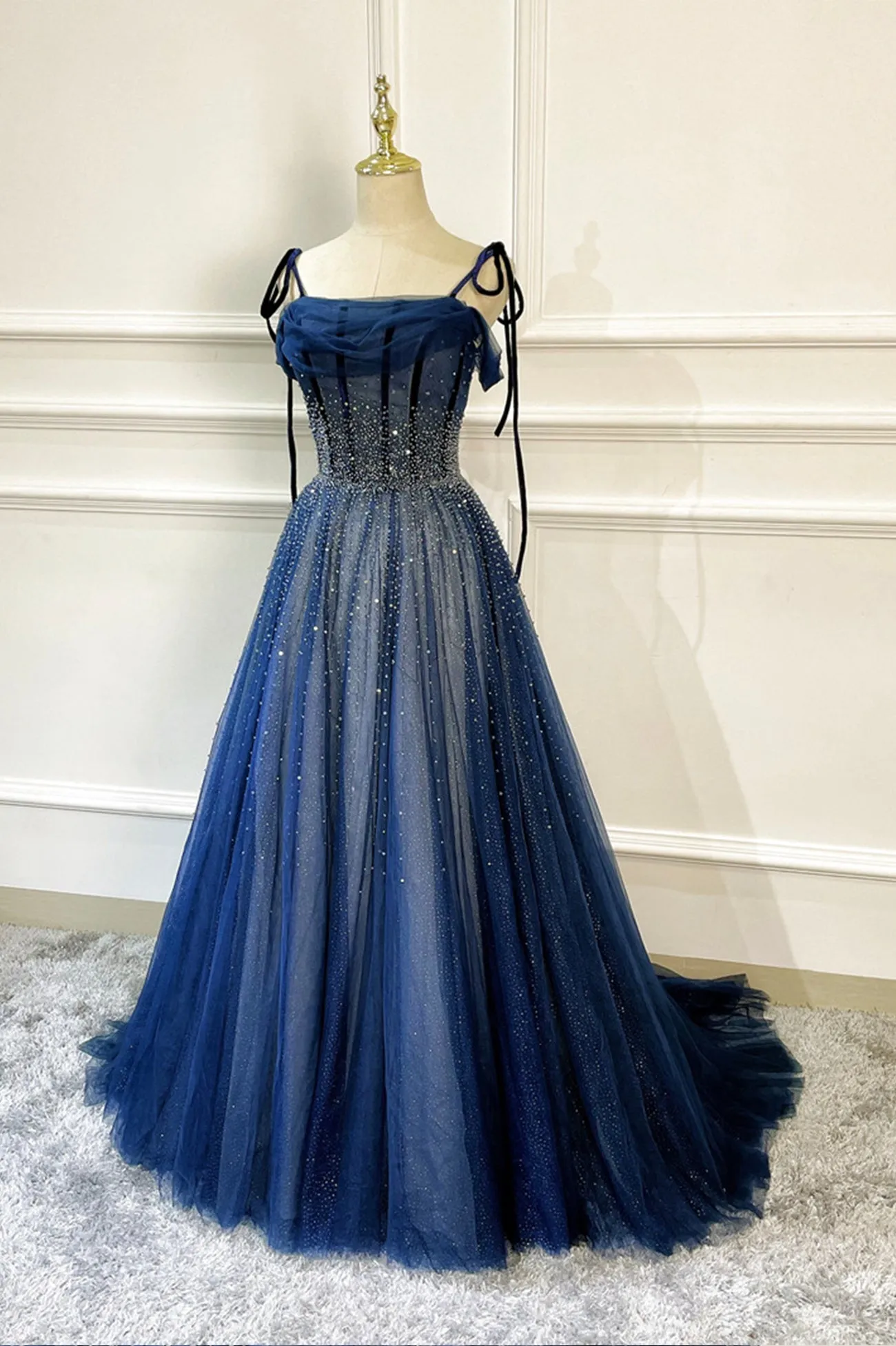 Blue Tulle Beaded Long A-Line Prom Dress, Blue Spaghetti Straps Evening Dress