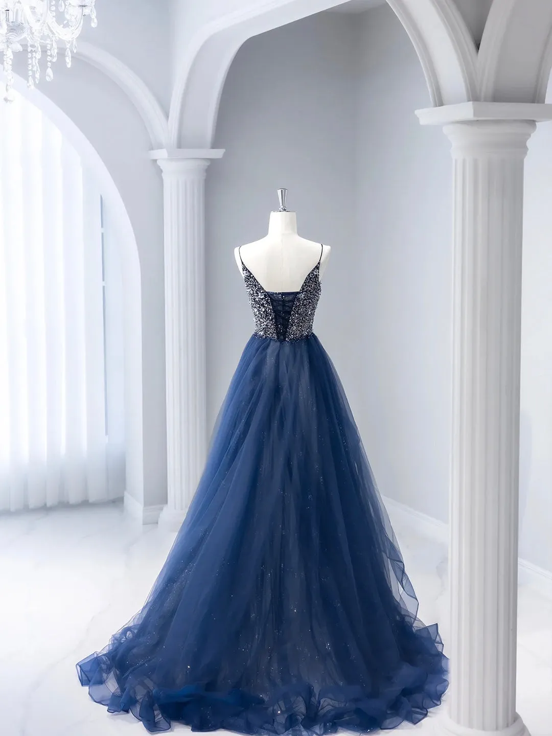 Blue Tulle Beaded Long Prom Dress A-Line Spaghetti Strap Formal Evening Dress