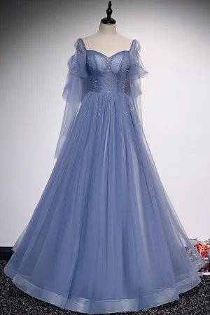 Blue Tulle Beading Long Prom Dresses A-Line Formal Evening Dresses