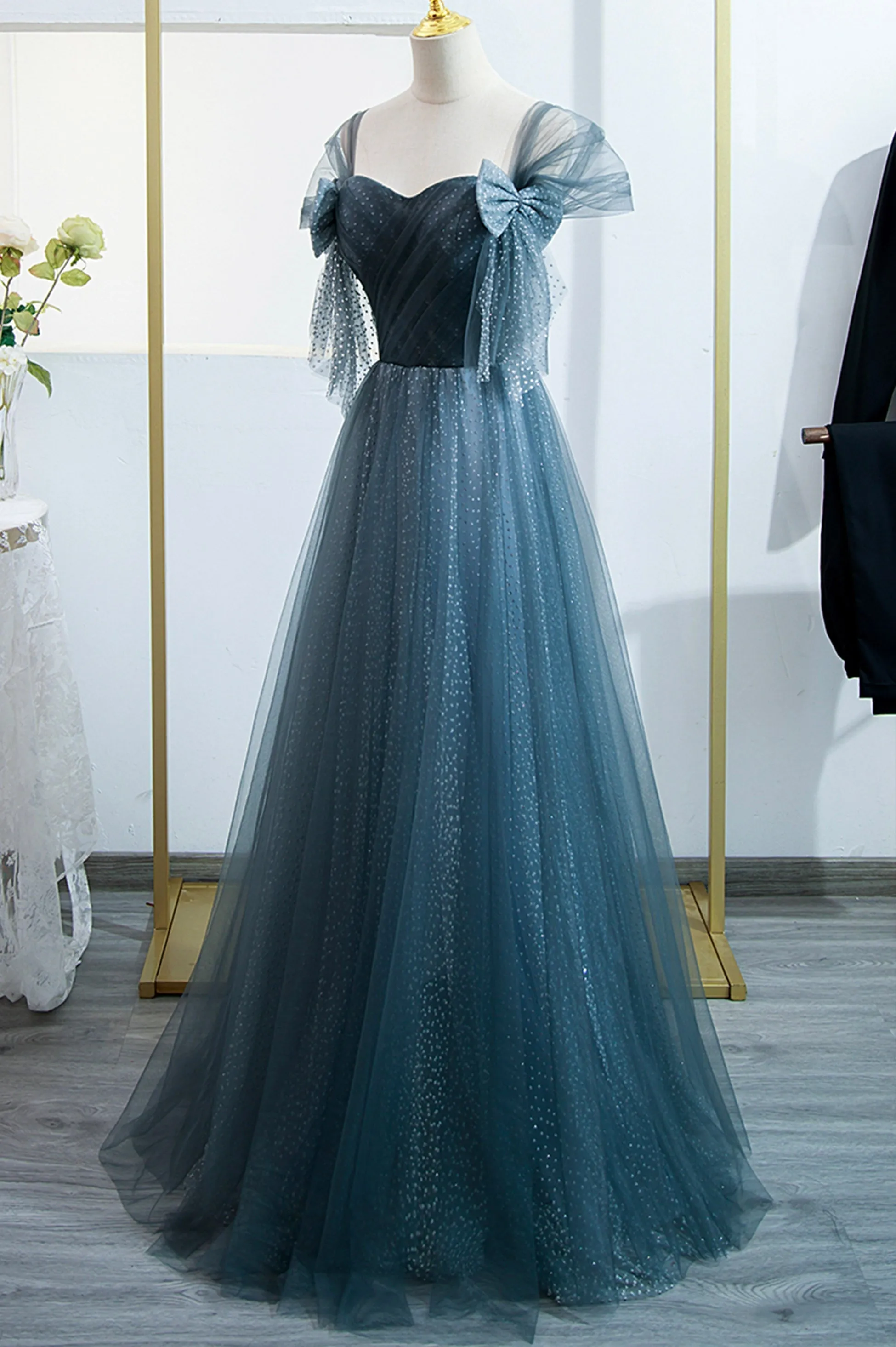Blue Tulle Long A-Line Prom Dress Lovely Blue Evening Party Dress