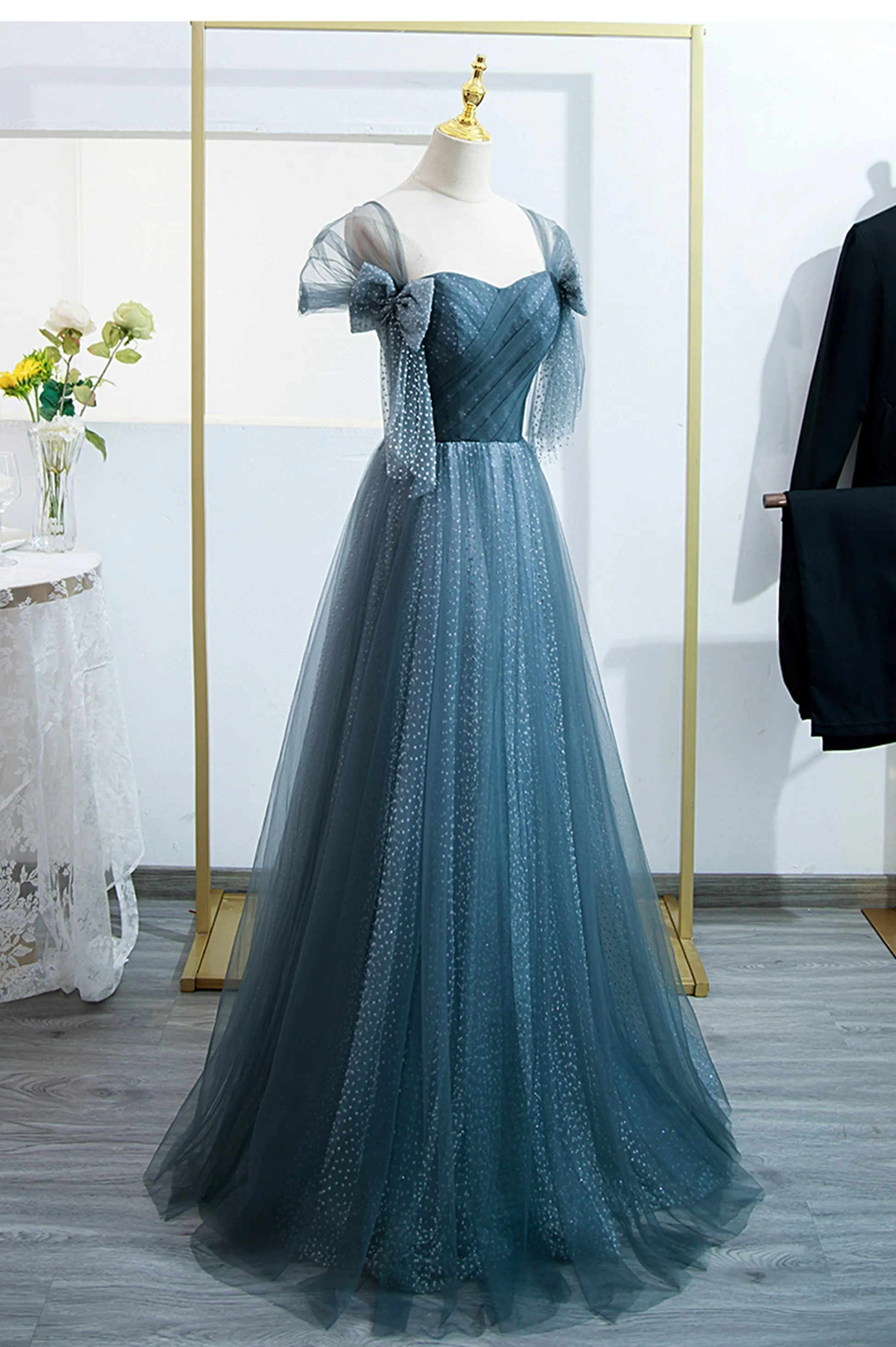 Blue Tulle Long A-Line Prom Dress Lovely Blue Evening Party Dress