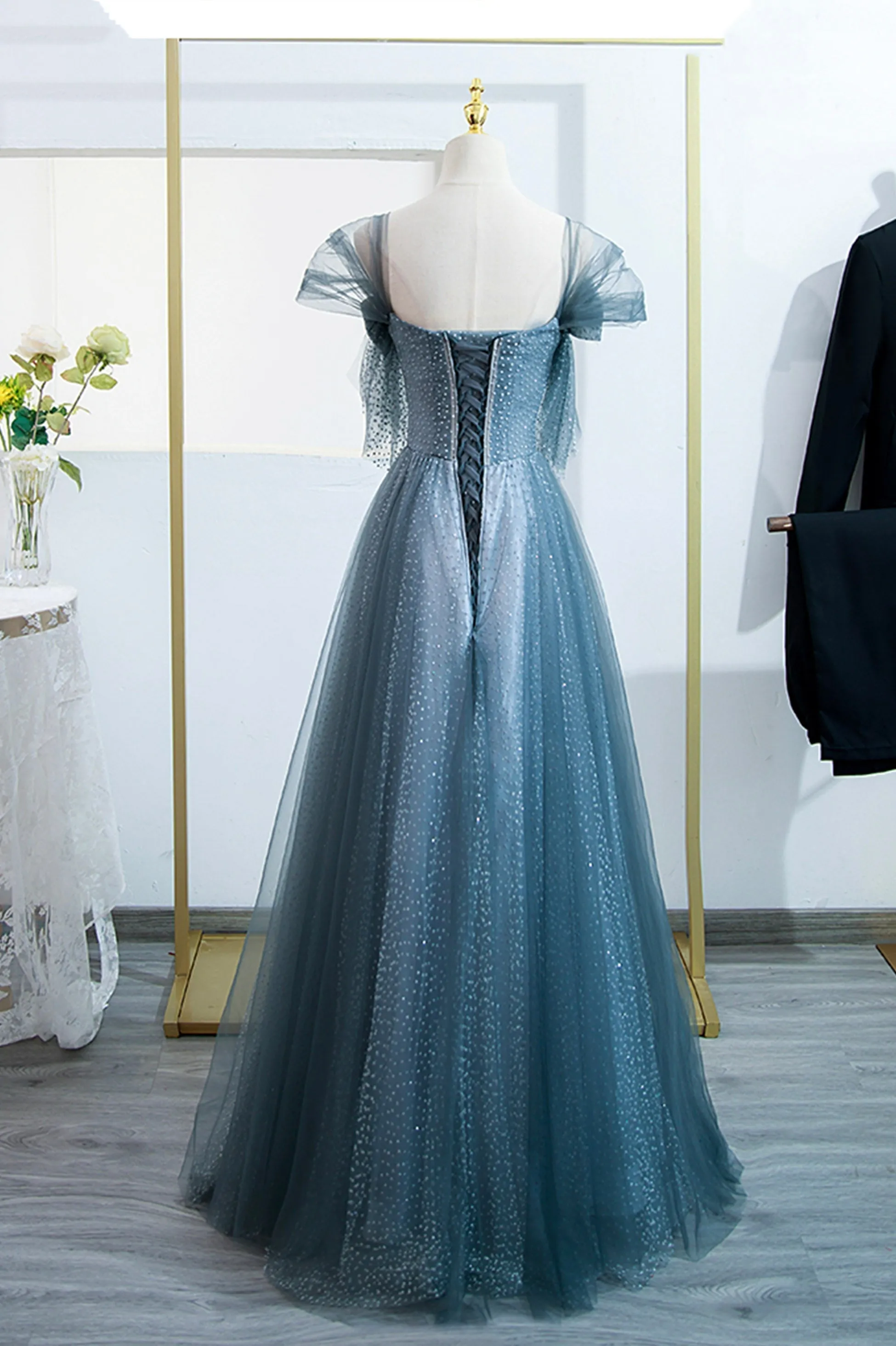 Blue Tulle Long A-Line Prom Dress Lovely Blue Evening Party Dress