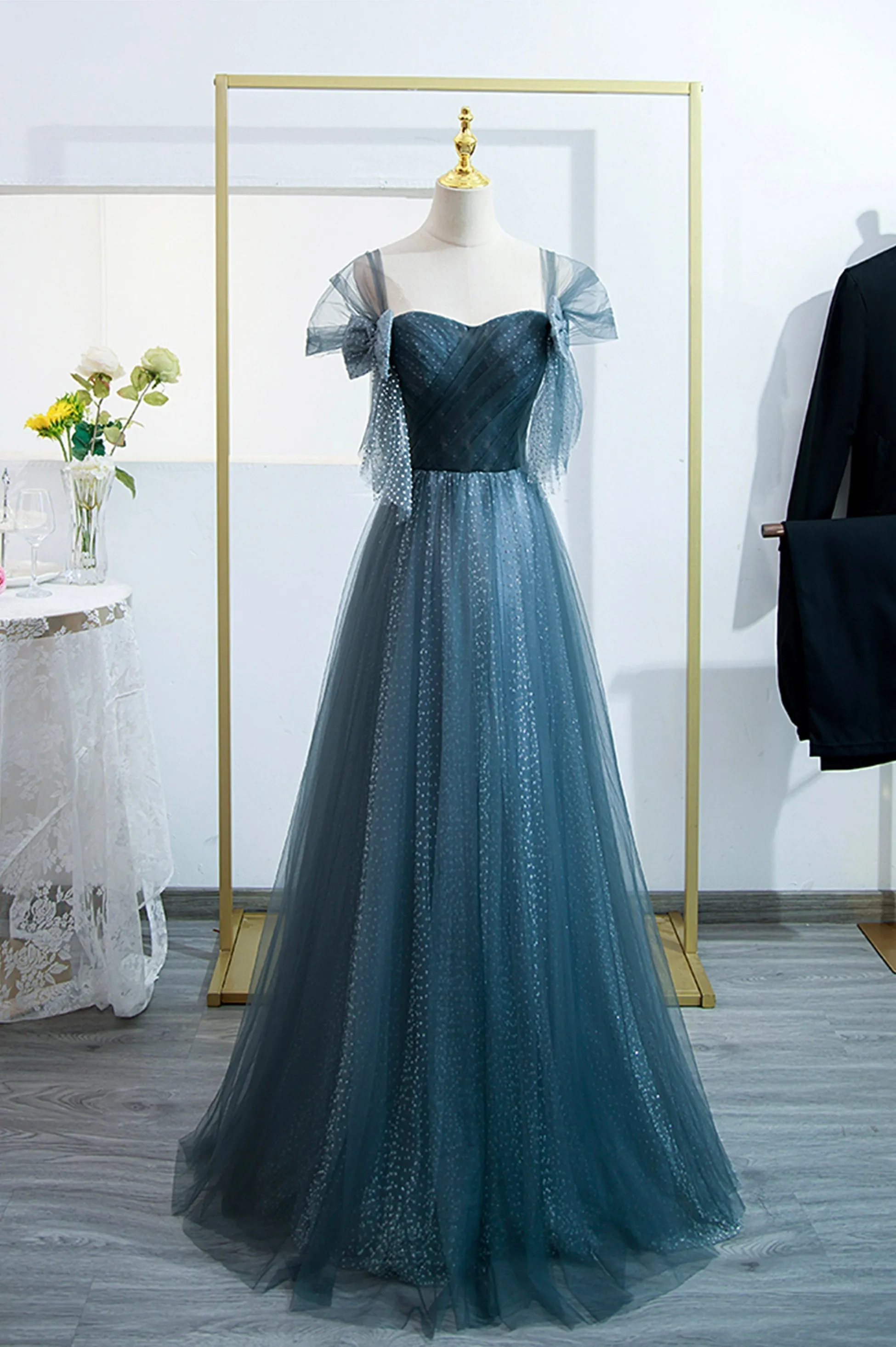 Blue Tulle Long A-Line Prom Dress Lovely Blue Evening Party Dress