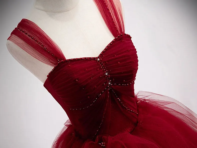 Burgundy sweetheart tulle long prom dress, burgundy evening dress