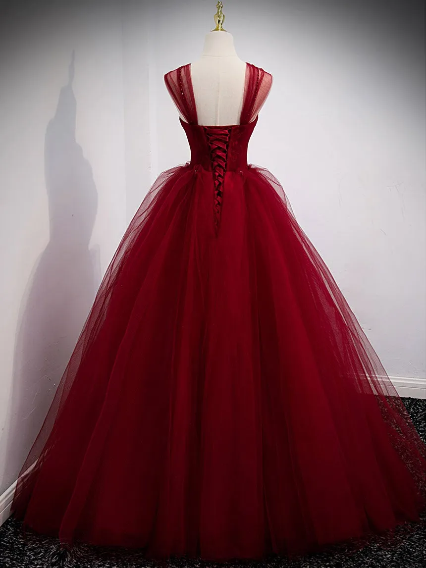 Burgundy sweetheart tulle long prom dress, burgundy evening dress