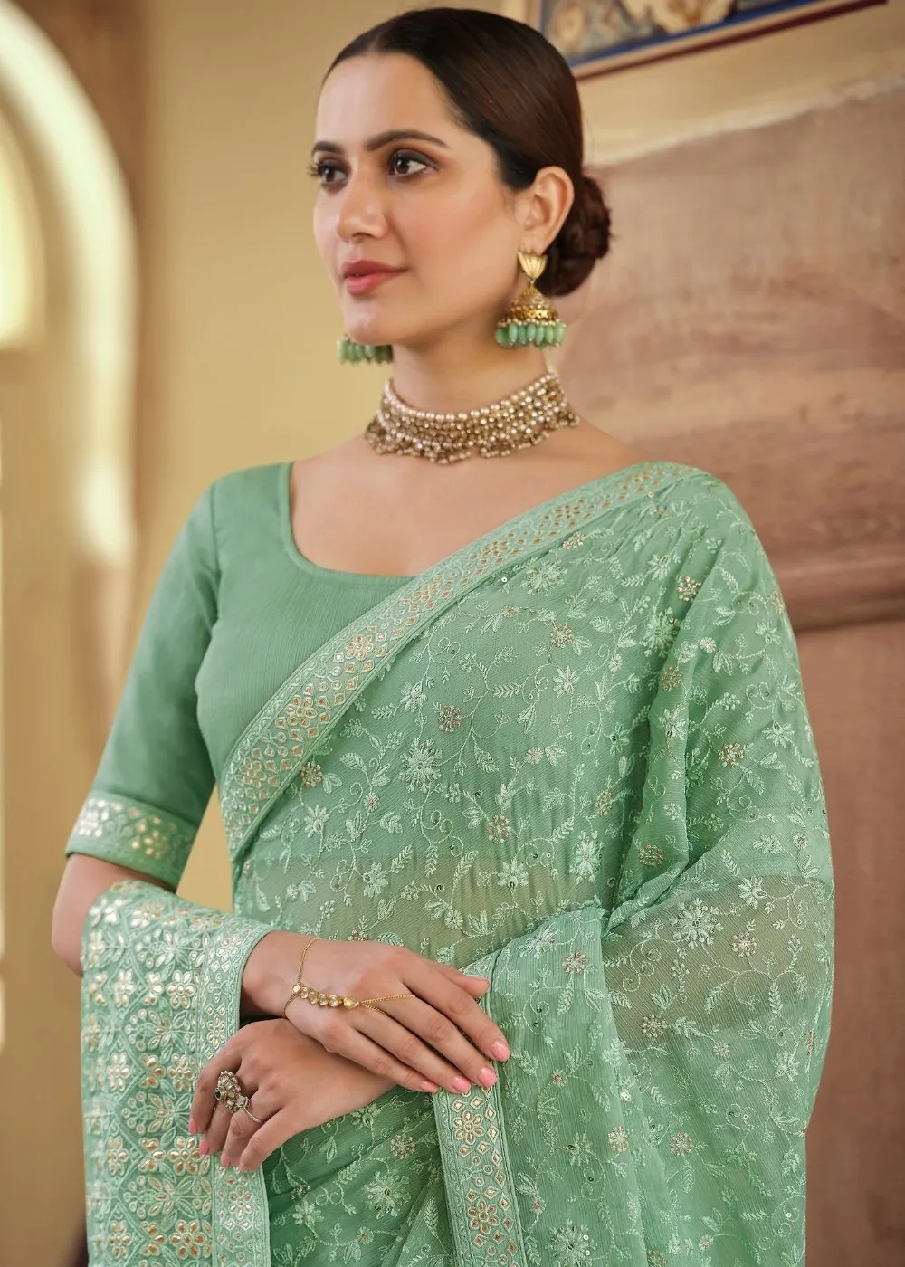 Chateau Green Designer Chiffon Saree with Gota & Resham work