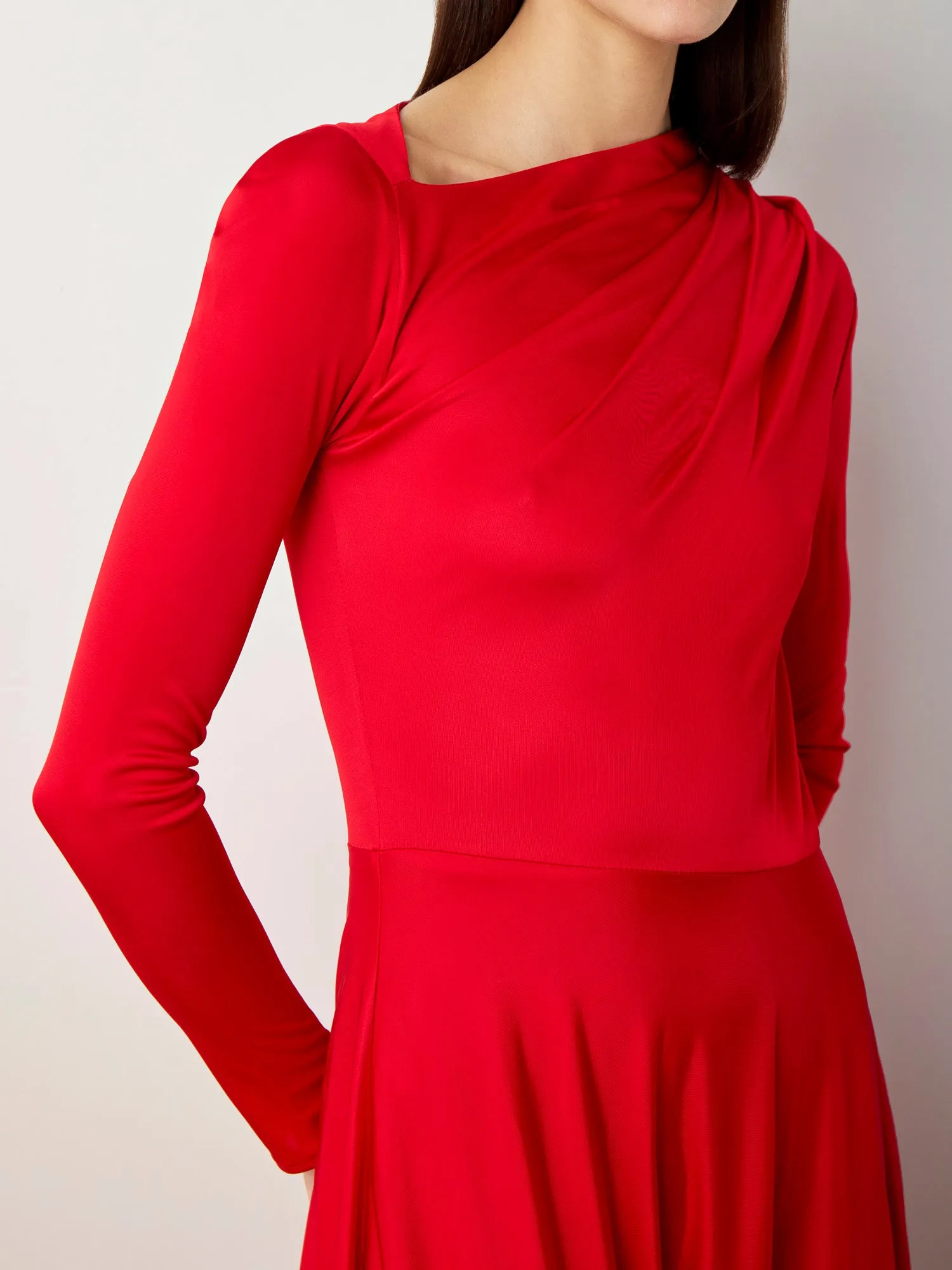 Draped Long Sleeved Jersey Dress in Red