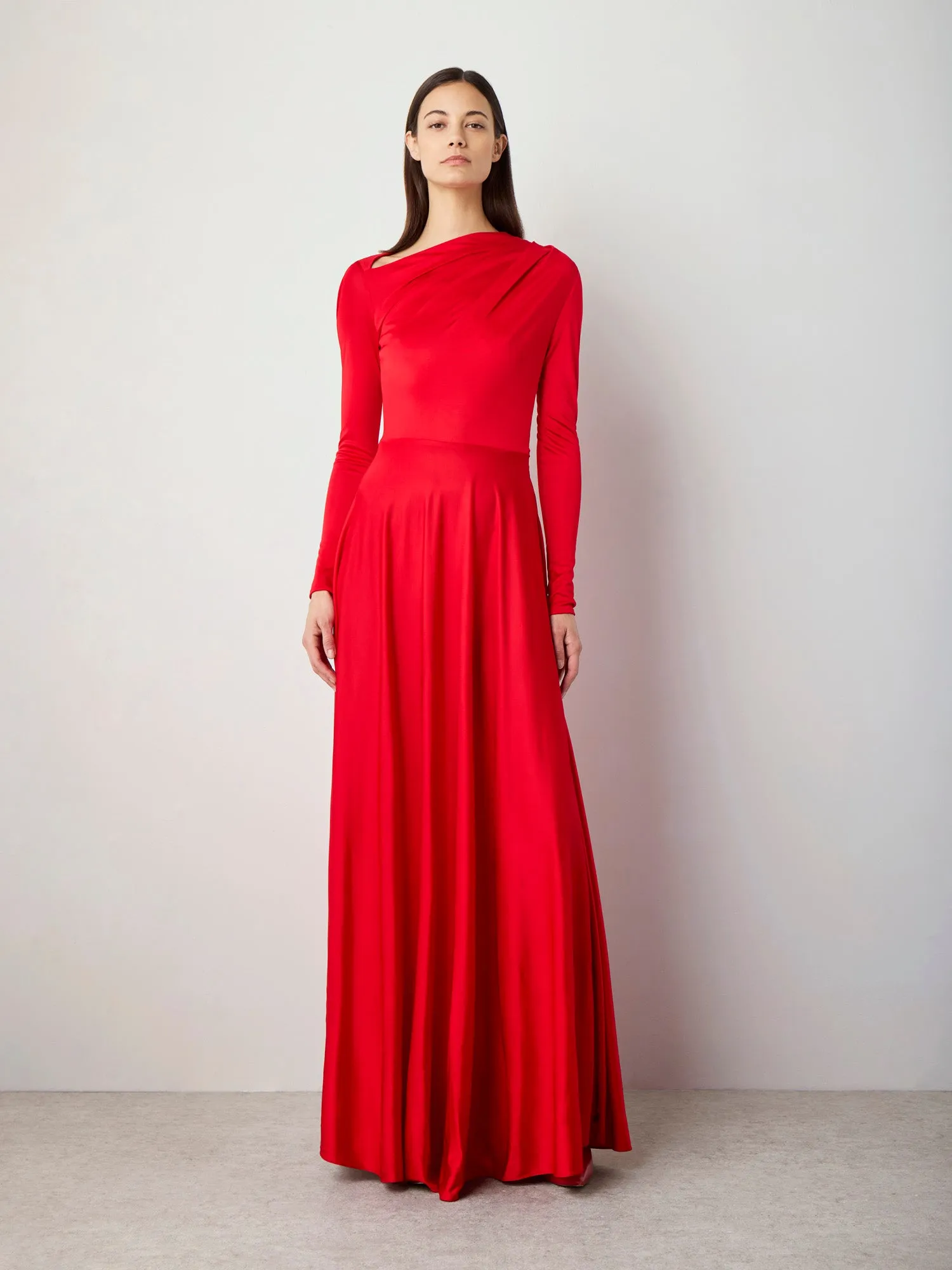 Draped Long Sleeved Jersey Dress in Red