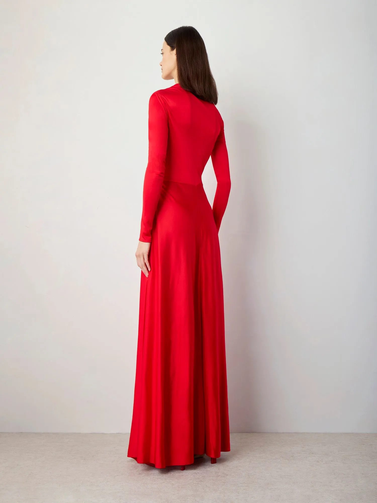 Draped Long Sleeved Jersey Dress in Red