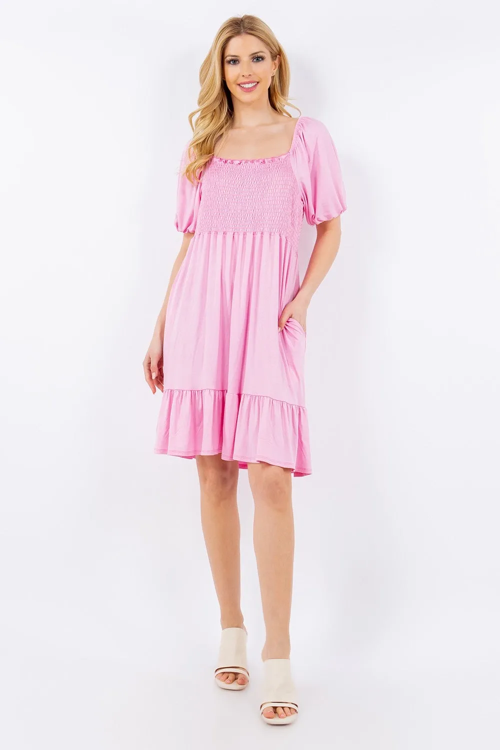 Full Size Ruffle Hem Short Sleeve Smocked Dress