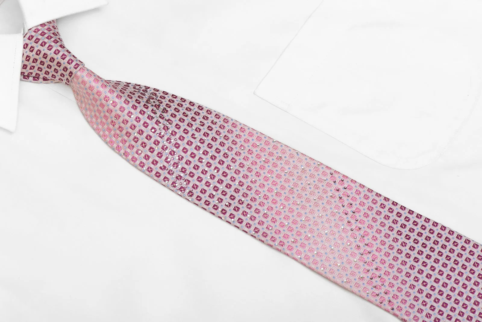 Geometric Squares On Pink Rhinestone Silk Necktie With Silver Sparkles