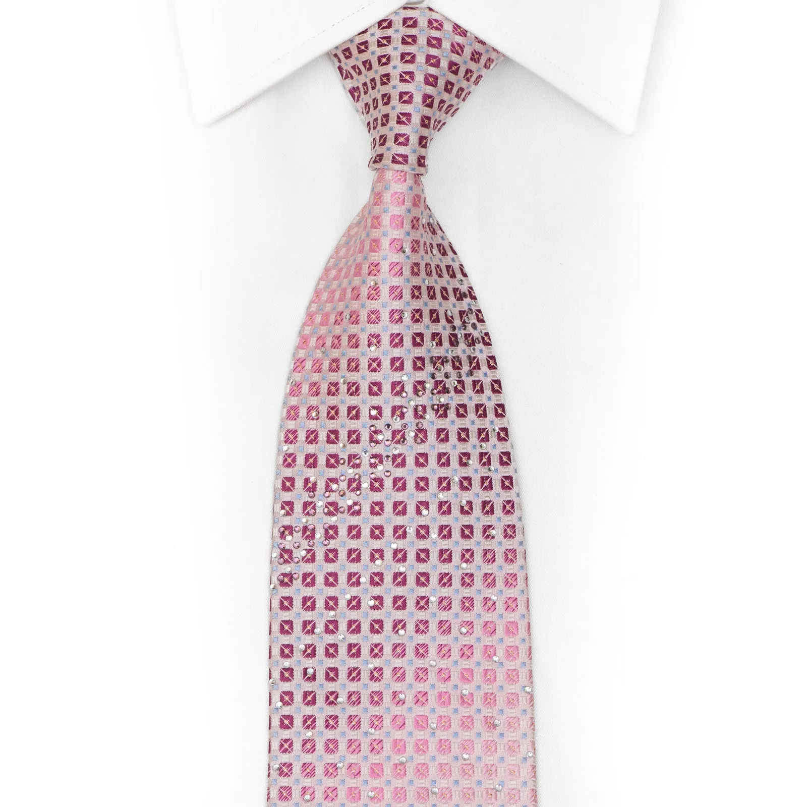 Geometric Squares On Pink Rhinestone Silk Necktie With Silver Sparkles