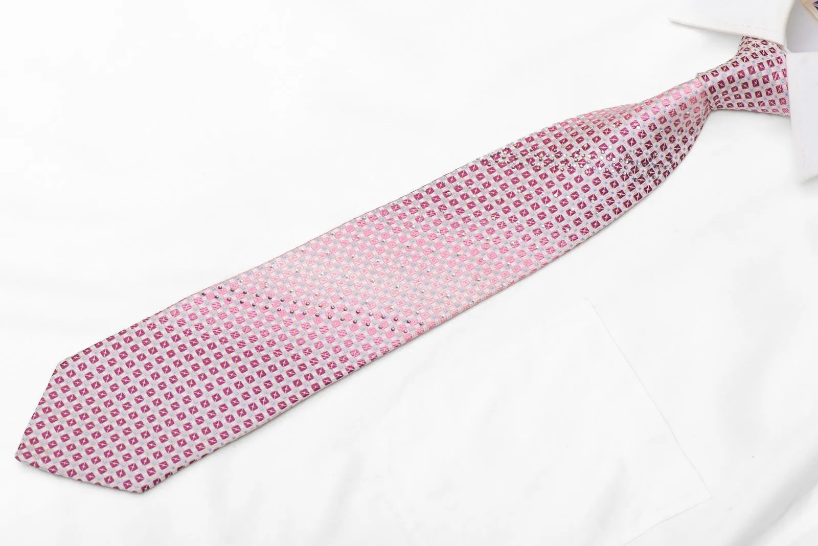 Geometric Squares On Pink Rhinestone Silk Necktie With Silver Sparkles