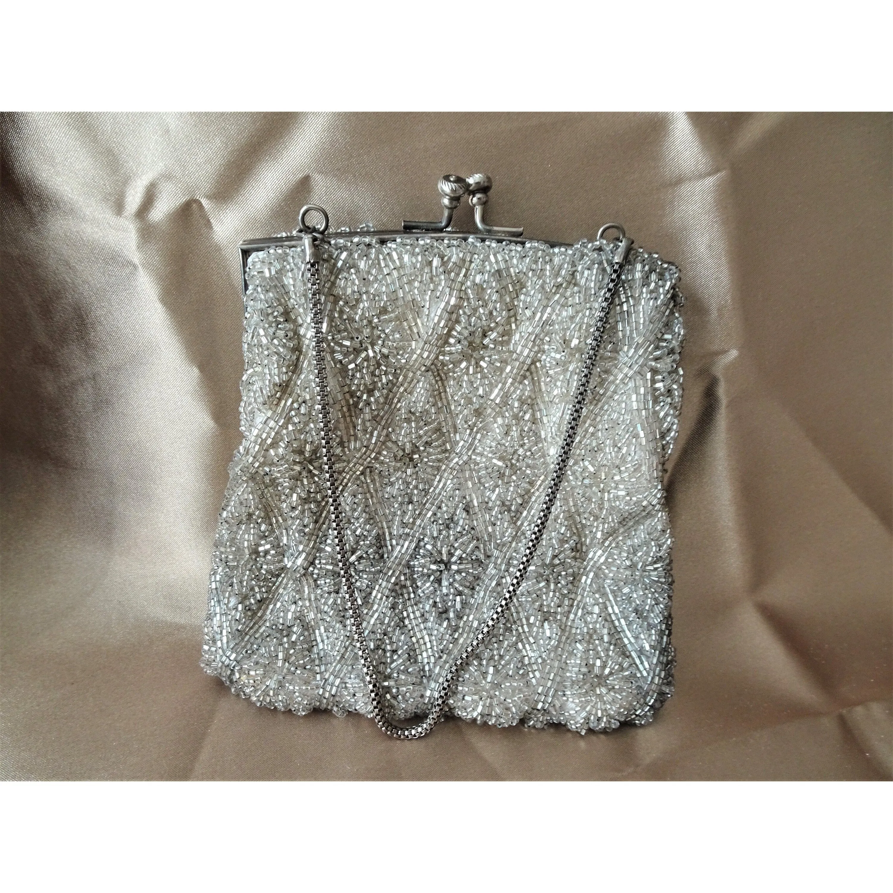 GORGEOUS Vintage 50s Evening Bag Purse, Stunning Hand Beaded Hand Bag Silver Clear Stones,Wear or Collect It,Collectible Vintage Purses