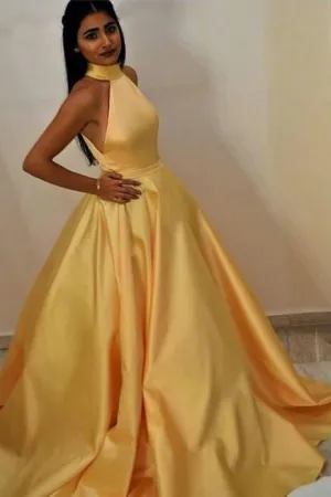 High Neck Yellow Prom Gown with Satin Full Skirt,Evening Dresses