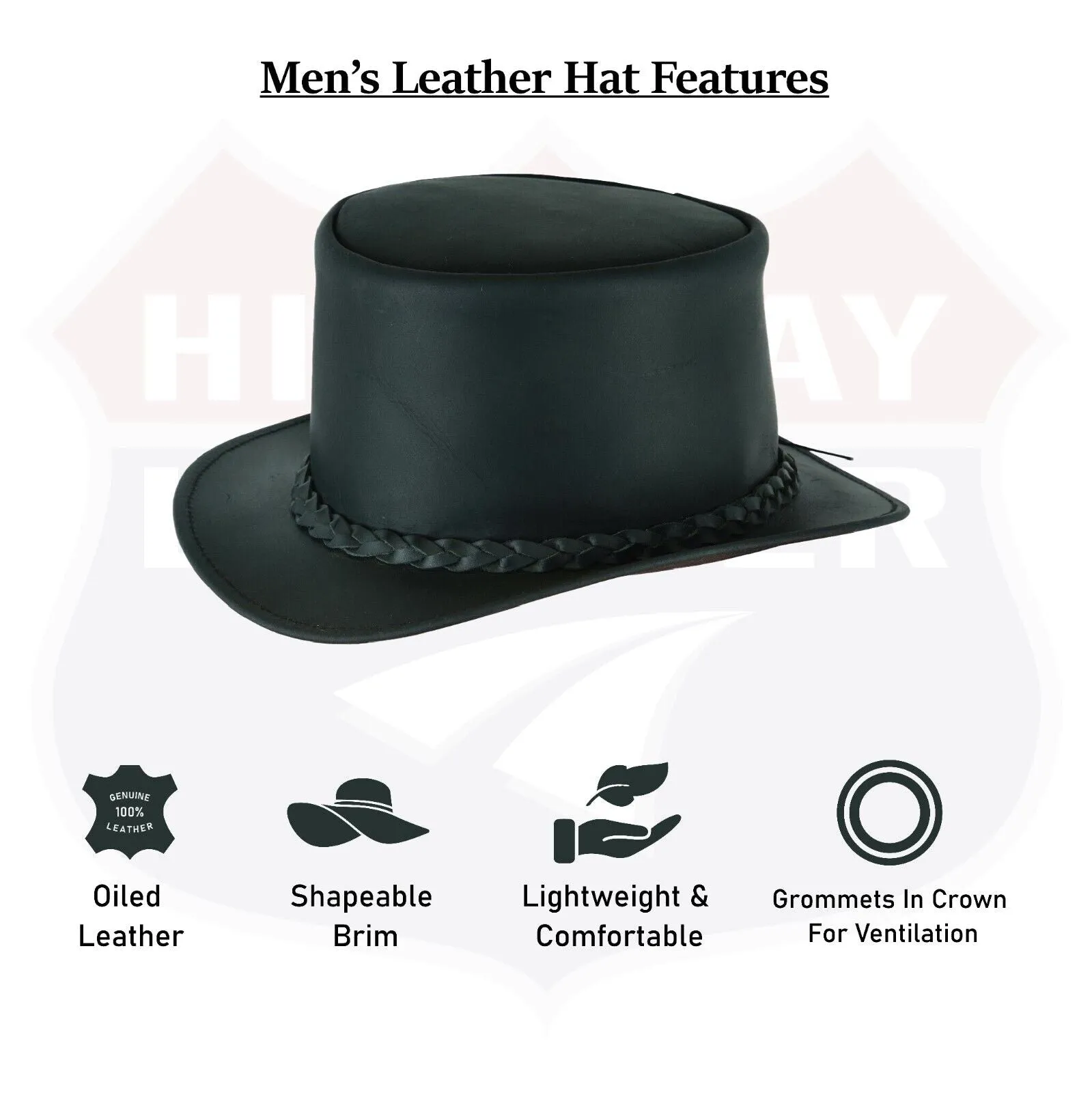 HL80111BLK-BRAID Handcrafted Black Leather TOP HAT shapeable brim and crown