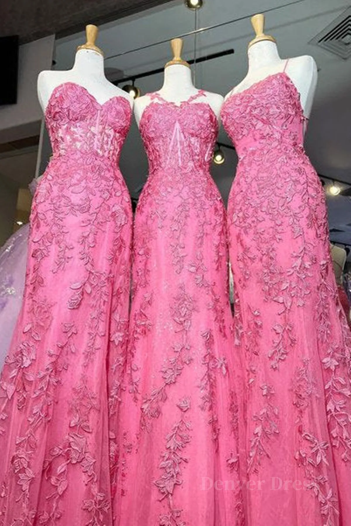 Mermaid Hot Pink Lace Long Prom Dress Long Hot Pink Formal Graduation Evening Dress