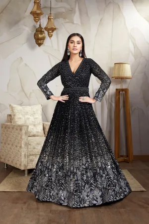 Midnight Black Sequin Embellished Italian Silk Gown