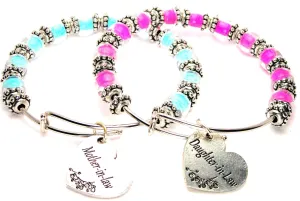 Mother-In-Law And Daughter-In-Law Gift Set Of Two Glass Beaded 9mm Bracelets in Aqua Blue And Hot Pink