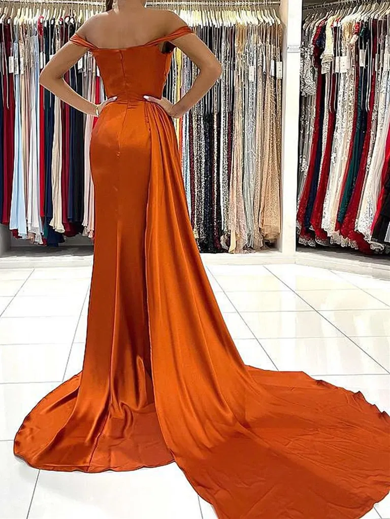 Off the Shoulder Orange Satin Prom Dresses, Orange Off Shoulder Satin Formal Evening Dresses